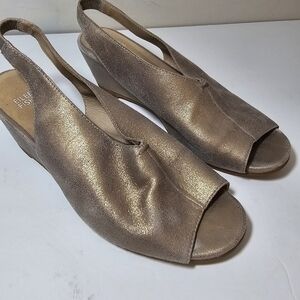 Eileen Fisher Clay Slingback Wedge Metallic Leather Suede Peep Toe Heels, sz 8